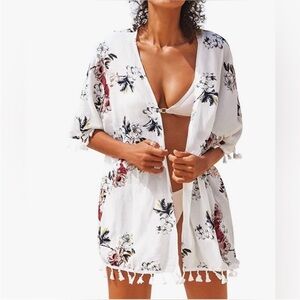 CUPSHE Women's Floral Cardigan Tassel Chiffon Beach Swimwear Tunic Cover Up NWT
